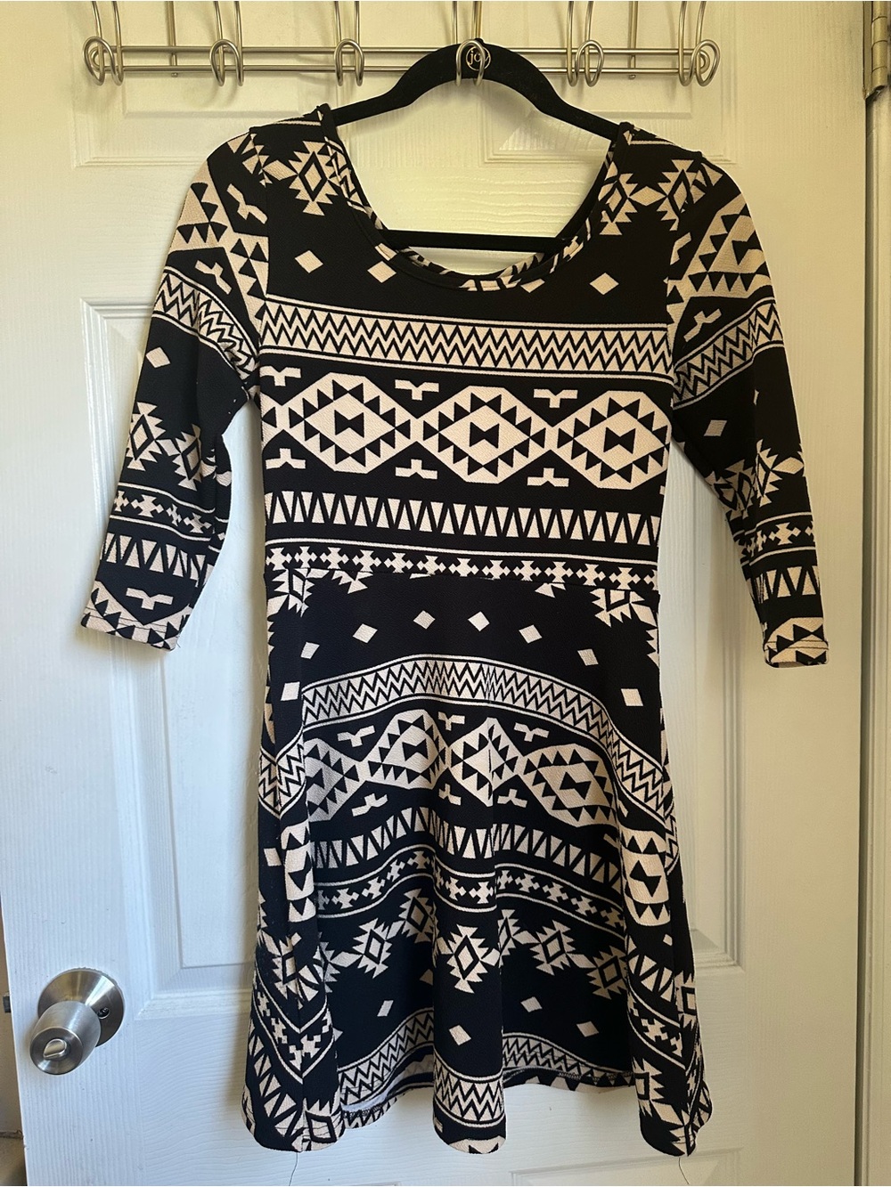 Deb Black and Cream Tribal-Print Fit & Flare Dress